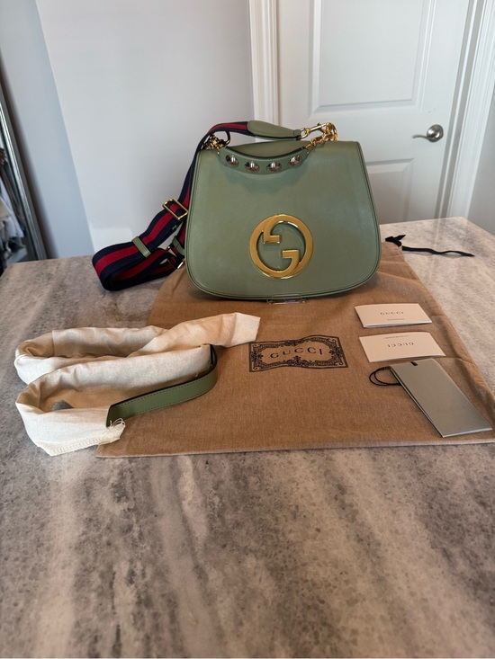 Gucci Handbags - Gucci Blondie Green Leather Shoulder Bag with oversized Gold GG